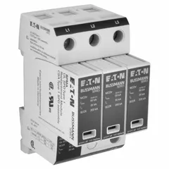 Three-phase surge protective device for DIN-rail mounting. Rated 20 kA nominal discharge current, 3 poles, for 120/208 VAC 3-phase Wye systems. Used in electrical panels to protect against voltage transients in industrial and commercial power distribution.