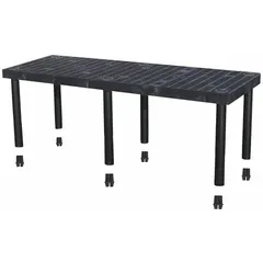 This fixed press-fit stationary shelving unit features a plastic frame and shelves made from corrosion-resistant High Density Polyethylene. With dimensions of 66 inches wide by 24 inches deep and an overall height of 24 inches, it includes one shelf. Suitable for environments where metal shelving may corrode, such as chemical plants, wastewater treatment facilities, and marine settings.