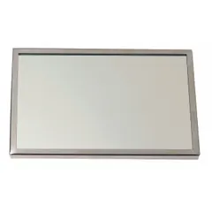 Glass mirror with polished stainless steel frame in silver finish. Overall dimensions: 36 in height, 72 in width, 1 in depth. Polished edge. Not lighted. Suitable for commercial or institutional restrooms requiring tamper-resistant fixtures.
