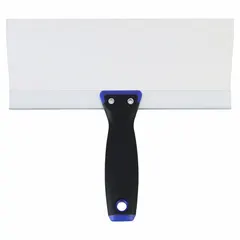 This taping knife features a stainless steel blade that resists corrosion, suitable for use in wet or humid conditions. The straight blade shape is designed for applying and smoothing joint compound on drywall seams. The handle is made of polypropylene with a TPR grip for comfortable extended use.