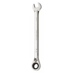 This 3/8 in SAE 12-point ratcheting combination wrench features an offset design for improved access in confined spaces. The ratcheting box end allows faster fastening without repositioning. Made of alloy steel with a chrome finish, overall length 6 1/8 in. Suitable for tightening or loosening fasteners in automotive, mechanical, and industrial maintenance.