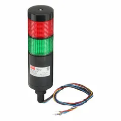 This two-tier tower light assembly provides visual status indication with green and red light tiers. It operates on 90 to 240V AC and has an overall height of 7 3/4 inches. No sounder tier is included. Typical applications include signaling machine running, idle, or alarm conditions on manufacturing equipment, conveyors, and process control panels.