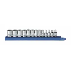 SAE socket set with 1/4 in drive and 6-point standard sockets ranging from 4 mm to 15 mm. Features a friction ball retention mechanism. Suitable for tightening and loosening hex fasteners in automotive repair, machinery maintenance, and general assembly.