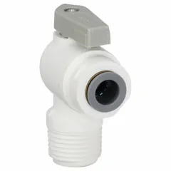Manual two-way ball valve with a polypropylene body and full port ball port. Features an angle configuration, lever handle, and Push x FNPT connections. Compliant with NSF 51 for use in fluid handling systems requiring sanitary standards.
