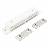 Plastic magnetic push-to-close catch with pull opening action. Measures 1/2 in height and 3 3/8 in width. Used for cabinet doors, enclosures, and access panels where a secure magnetic hold and manual pull release are required