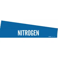 Blue adhesive pipe marker with white legend reading 'Nitrogen'. Fits pipe outer diameters from 2-1/2 to 7-7/8 inches. Pack of five markers without directional arrows. Used for identifying nitrogen lines in industrial piping systems.