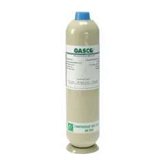 Disposable calibration gas cylinder with ±5% accuracy, containing a mixture of pentane (50% LEL) 0.7%, carbon monoxide, nitrogen, and oxygen in an air background. Designed for use with all OEM portable gas detectors to verify sensor response for combustible and toxic gases in industrial safety applications.