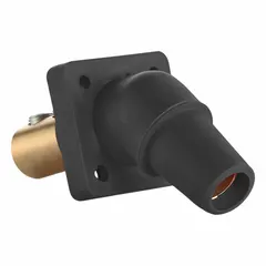 Female receptacle from LEVITON Series 16 rated at 400 A. Features an angled taper nose mating design and double set screw termination for secure high-current connections. Suitable for industrial power distribution applications requiring a single-pole, high-amperage receptacle.