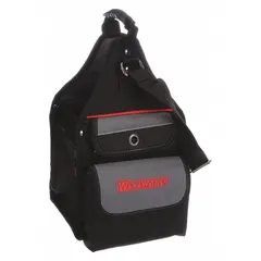 This black polyester tool tote measures 8 1/2 in W x 8 1/2 in D x 16 in H and features 12 pockets for organizing hand tools and small parts. Suitable for use on job sites or in workshops, it provides a lightweight portable storage solution.