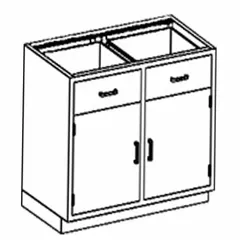 Wall-mounted base cabinet with two drawers, constructed of stainless steel. Overall width 35 in, depth 22 in. Suitable for storage in laboratories, commercial kitchens, and industrial settings where corrosion resistance and hygiene are required.