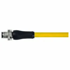 Single-ended cordset with a yellow TPE jacket for heavy-duty applications. Features an M12 male straight connector on one end and bare wire on the other. Rated IP67 for protection against dust and water ingress. Suitable for sensor, actuator, and fieldbus connections in harsh industrial environments.