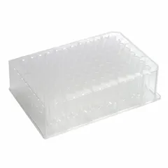 This 96-well deep well plate has a 1 mL capacity per square well. Made of polypropylene copolymer in natural color, it measures 86 mm in diameter and 86 mm in overall height. The plate is sterile but not RNase/DNase free. Suitable for high-throughput sample storage and processing in laboratory settings.