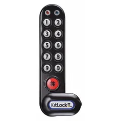 Electronic keypad cam latch with powder coated finish. Body height 1 5/16 in, width 5 3/8 in. Suitable for securing cabinets, lockers, and storage units in commercial or institutional settings.