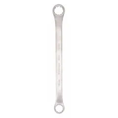 This double-end box end wrench features 12-point openings in 16 mm and 18 mm sizes with an offset design for improved access to recessed fasteners. The satin finish provides a glare-reducing surface. Overall length is 10 inches. Suitable for tightening or loosening metric fasteners in mechanical and equipment maintenance tasks.