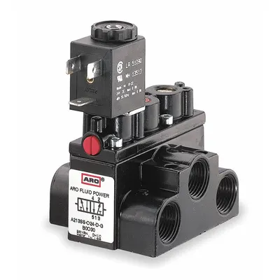 ARO Solenoid Air Control Valve: Alpha, Four-Way / Two-Position, 24V DC, 3/8 in Female NPT - ARO Alpha Series Solenoid-Operated Inline Air Control Valves