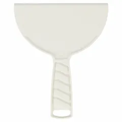 Disposable spreading tool with a plastic blade and polypropylene handle. Tapered blade shape for applying and smoothing putty, spackle, or filler. Suitable for light-duty finishing tasks in construction and maintenance.