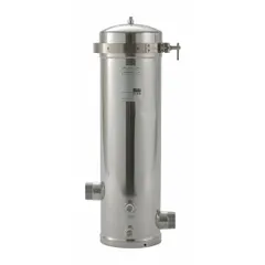 This water filter cartridge housing is constructed from 316L stainless steel with a silver finish. It features a 2-inch NPT female connection and measures 29-1/2 inches in overall height and 12 inches in overall diameter. Suitable for enclosing filter cartridges in industrial and commercial filtration systems.