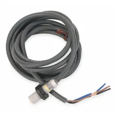 Shielded cylindrical inductive proximity sensor with normally closed (NC) output, 3 wires, and non-terminated cable. Operates on 10-30V DC supply. Suitable for non-contact detection of metal objects in industrial automation applications such as position sensing and part presence verification.
