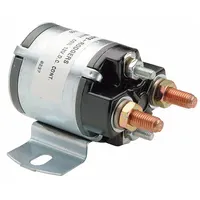 Single-pole single-throw normally open solenoid for switching high-current DC circuits. Rated for continuous duty with a 36 V DC coil and 150 A current capacity. Features 4 terminals with #10-32 UNF-2A coil termination and 5/16 in-24 UNF-2A contact termination. Used in battery-powered vehicles, material handling systems, and control panels