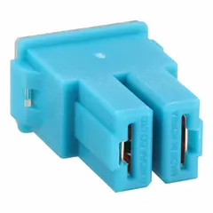Light blue female cartridge fuse from the BUSSMANN FLF series. Rated 20 A at 32 V DC, fast-acting for overcurrent protection in automotive electrical circuits.