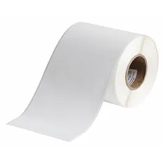Polypropylene white matte outdoor label roll, 4 in x 100 ft, inkjet print-receptive. Compatible with BradyJet J2000 printer series. Used for durable identification on equipment, pipes, and panels in industrial environments.