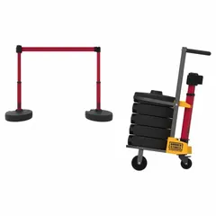 Mobile retractable belt barrier system with four red posts and five round flat bases. Each post features a 15 ft red message belt printed with 'Danger Keep Out'. Suitable for cordoning off areas or controlling pedestrian access in industrial and commercial environments.