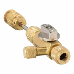 Brass valve core remover with 1/4 in Male SAE Right-Hand connections on both ends. Used for charging applications in refrigeration systems, allowing core removal and replacement under pressure.