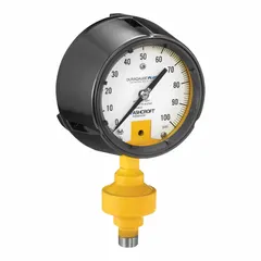 Acid leak detection gauge/seal assembly with 0-100 psi primary scale, ±1.00% accuracy. Phenolic case with silicone fill, 316 SS sensor, and Hastelloy C-276 socket. Stem-mount design for monitoring corrosive media in industrial pressure systems.