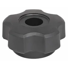 This 5-arm knob features a threaded through-hole for manual adjustment and clamping on machinery, jigs, and fixtures. The plastic body with steel thread insert provides a secure grip and durable threading for frequent hand-tightening applications. Thread size is 1/4"-20.