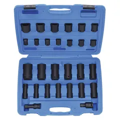 This 28-piece SAE impact socket set includes sockets from 7/16 in to 1-1/4 in with a 1/2 in drive. Designed for use with impact wrenches, it is suited for tightening and loosening fasteners in automotive repair, heavy equipment maintenance, and industrial assembly.