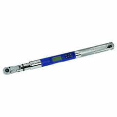 This flex-head, ratcheting electronic torque wrench measures in foot-pounds, inch-pounds, and newton-meters with a range of 5 to 100 ft-lb. It features an LED indicator light to signal when target torque is reached. Suitable for precision fastening in assembly, automotive, and maintenance tasks where access to confined spaces is required.
