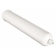 This inline water filter reduces scale using hexametaphosphate crystal media. With a 2,400-gallon capacity and quick-connect connection, it is suited for drinking fountains and beverage machines. Overall height is 10 1/2 in, diameter 2 in.