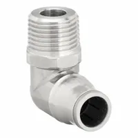 This stainless steel elbow fitting connects 10 mm OD tubing to a 3/8" male NPT port via push-to-connect technology. Suitable for pneumatic systems, instrumentation, and fluid handling applications requiring corrosion resistance and leak-free connections