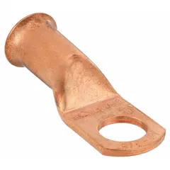 This straight copper side terminal lug is designed for 2 ga wire and accepts both crimp and solder connections. It fits a 3/8 in stud and is used to terminate battery cables or power distribution wires in vehicle electrical systems and industrial equipment.
