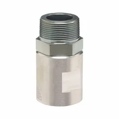 This swivel connector features a 1 1/2 in MNPT male inlet and a 1 1/2 in FNPT female discharge, both with NPT threads. The aluminum body is chemically compatible with ethanol. It is used in fuel transfer systems to allow rotation and reduce hose strain.