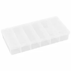 Clear plastic compartmented box with 12 fixed compartments, each measuring 1-5/16 in x 1-5/16 in. Not electrostatic discharge conductive. Suitable for organizing small components in workshops, garages, or hobby areas.