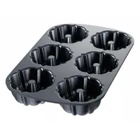 This solid aluminum mini bundt cake pan features a non-stick coating and a closed bead closure. With 6 slots and a 10 ga gauge, it is suited for baking individual bundt cakes in commercial kitchens and foodservice operations