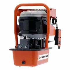 Cordless electric hydraulic pump unit with a maximum operating pressure of 10,000 psi and a maximum flow rate of 450 cu in/min. Features a 3-position control and retract function. Suitable for portable hydraulic power applications such as operating cylinders, jacks, or spreaders in industrial maintenance, construction, and heavy equipment repair.