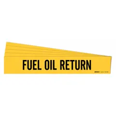 Yellow adhesive pipe marker with black legend text reading 'Fuel Oil Return'. Designed for pipes with outer diameter of 8 inches and larger. Each pack contains one marker without arrows. Used to identify fuel oil return lines in piping systems.