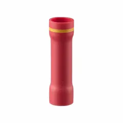 Vinyl insulated butt splice connector for joining two wires end-to-end. Accommodates 12 AWG to 10 AWG wire, rated 600 V. Pack of 25. Red color indicates wire range per standard color coding.