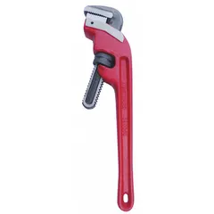 This end pipe wrench features serrated jaws and an I-Beam handle for gripping and turning pipes or fittings. With an 18 in overall length and 2 1/2 in jaw capacity, it provides leverage on round objects in plumbing and maintenance tasks.