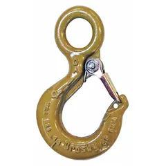 Alloy steel slip hook with 100 grade rating and 22,000 lb working load limit. Features a 3 in hook opening width, gold finish, and visual indicator markings for deformation and max angle. Used in rigging and material handling to attach slings to loads.
