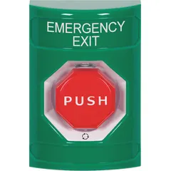 Green push-to-exit button with dimensions 4 7/8 in height, 3 3/16 in depth, and 3 1/4 in width. Complies with ADA requirements for accessible egress. Used in commercial and industrial facilities to release secured doors from the inside.