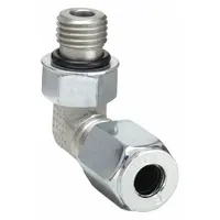 This steel compression fitting elbow from the Ferulok series uses a flareless bite-type design to create leak-resistant 90-degree joints in tubing systems. It connects 5/8 in OD tubing to 5/8 in pipe size ports with a 7/8-14 thread size, suitable for hydraulic, pneumatic, and fluid power applications