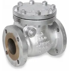This 2-way inline swing check valve features a stainless steel body with flange x flange connections for 1-inch pipe. The metal seat design allows operation up to 300°F. It is used to prevent backflow in piping systems where unidirectional flow is required.