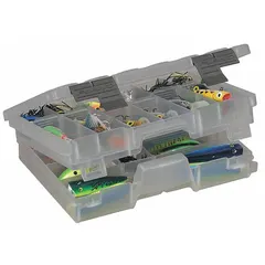 Clear plastic small parts storage box with 30 adjustable compartments and snap closure. Used for organizing screws, nuts, beads, or craft supplies in workshops, garages, or industrial settings. Not electrostatic discharge conductive.