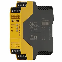 DIN-rail mounted safety monitoring relay with 16 terminals and 2 inputs. Operates on 24V AC/DC and provides a single normally closed (NC) output switch configuration. Used in industrial control systems for monitoring safety circuits such as emergency stops, light curtains, and safety gates.