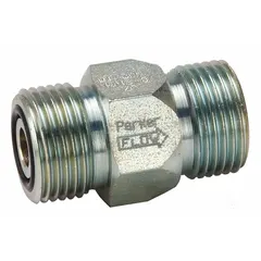Steel-bodied check valve with SAE O-Ring Face Seal connections on inlet and outlet. Rated for 5000 psi and 15 gpm with 1-inch port size. Used in hydraulic systems to allow flow in one direction and prevent backflow, typical in industrial machinery and mobile equipment.