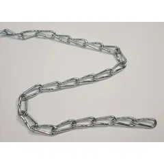 This compact welded twist-link chain is made of carbon steel. It has a working load limit of 495 lb and a link inside length of 1 1/4 in. Suitable for lifting, pulling, or securing loads in industrial environments.