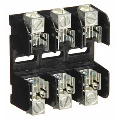 The MERSEN 20303 is a 3-pole fuse block with an open block design, rated for 250 V AC. It accepts UL Class H and K fuses and features box lug terminals. This non-indicating block is used for mounting and connecting fuses in industrial electrical circuits such as panel boards and motor control centers.